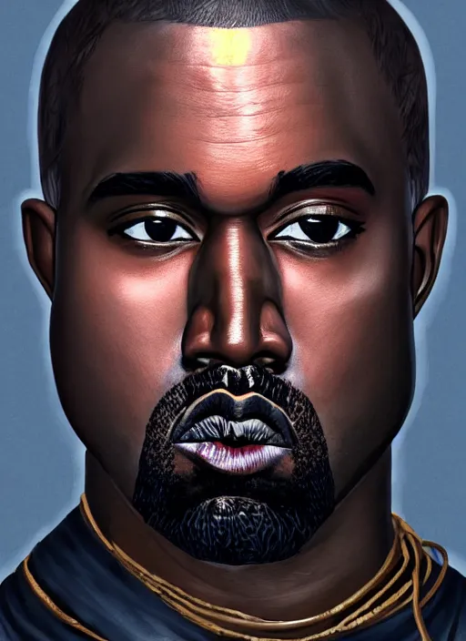 Image similar to a portrait of a kanye west as a male tiefling warrior, d & d, fantasy, intricate, tone mapped, ambient lighting, highly detailed, digital painting, artstation, concept art, 4 k, god rays, stunning beautiful, glowing eyes, sharp focus, by makoto shinkai and akihiko yoshida and hidari and wlop