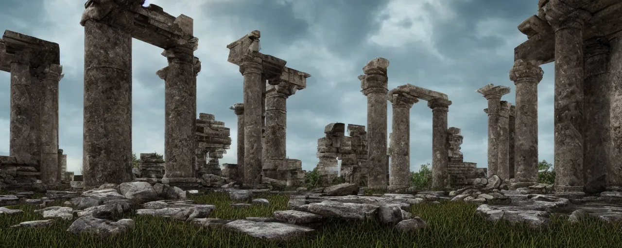 Image similar to an ancient ruined temple of the old Pagan Gods, 8k hyper realistic, Photorealistic, rendered by Octane