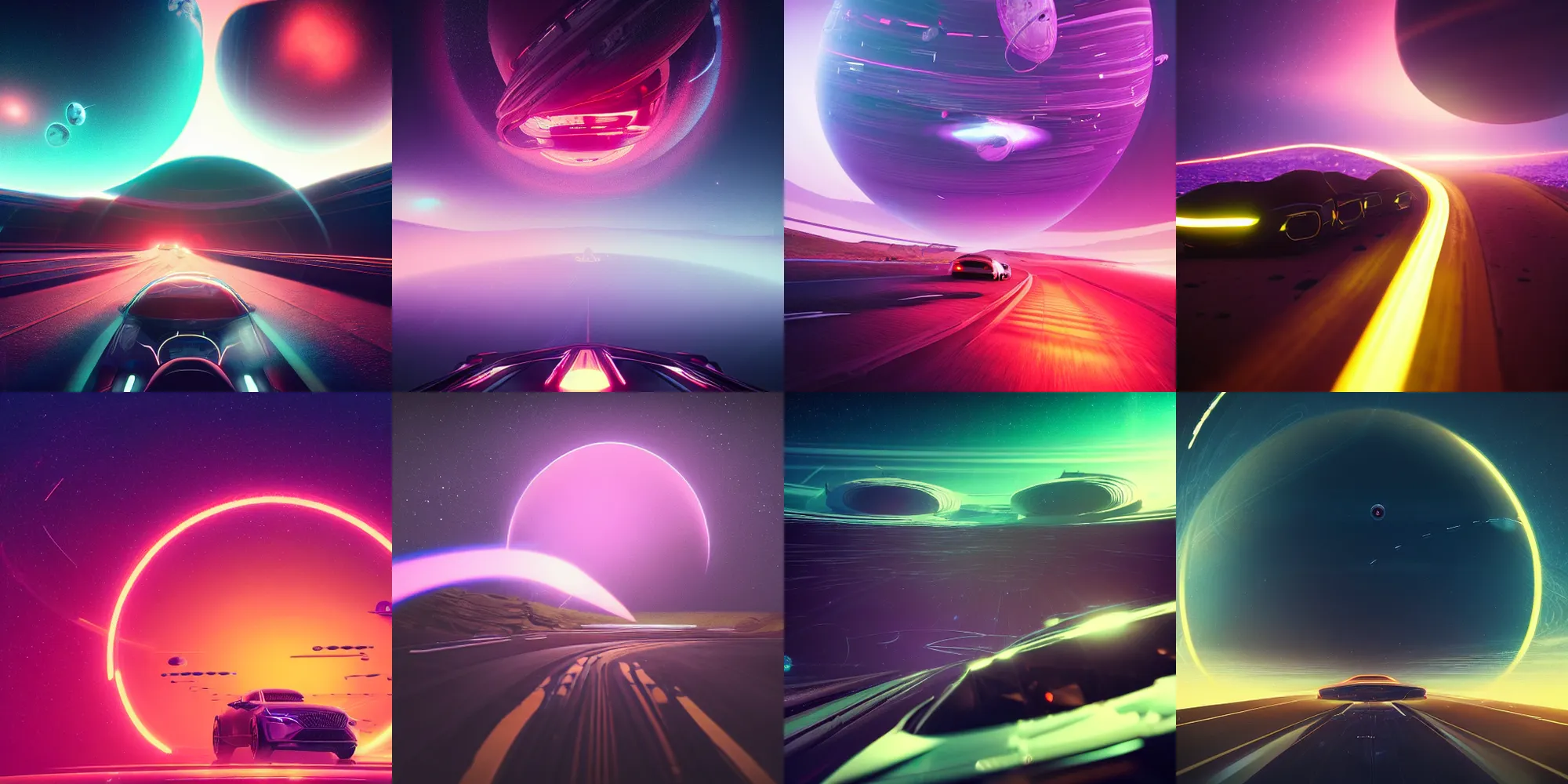 Prompt: beautiful dark landscape, automobile driving on the ring around a planet in space, in the style of beeple and mike winkelmann, intricate, epic lighting, cinematic composition, hyper realistic, 8 k resolution, unreal engine 5, ultraviolet colors,