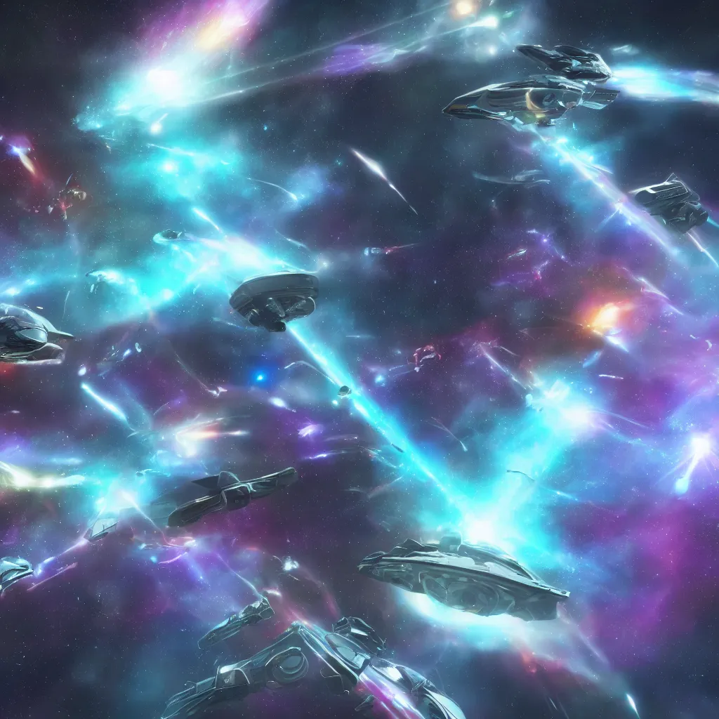 Prompt: galactic space fleet flying into a warp portal, 8 k resolution