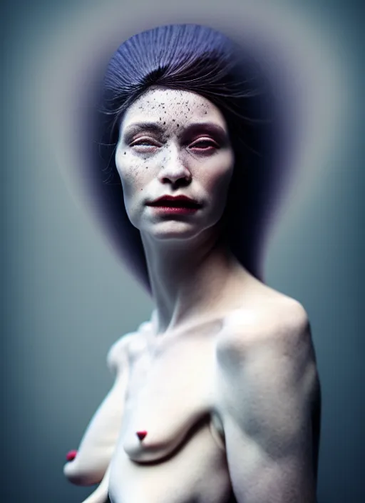 Image similar to cinestill 5 0 d photo portrait of a beautiful hybrid with woman face in style of paolo roversi by roberto ferri, weird marble body, white hair floating in air, 1 5 0 mm lens, f 1. 2, ethereal, emotionally evoking, head in focus, bokeh, volumetric lighting, matt colors outdoor