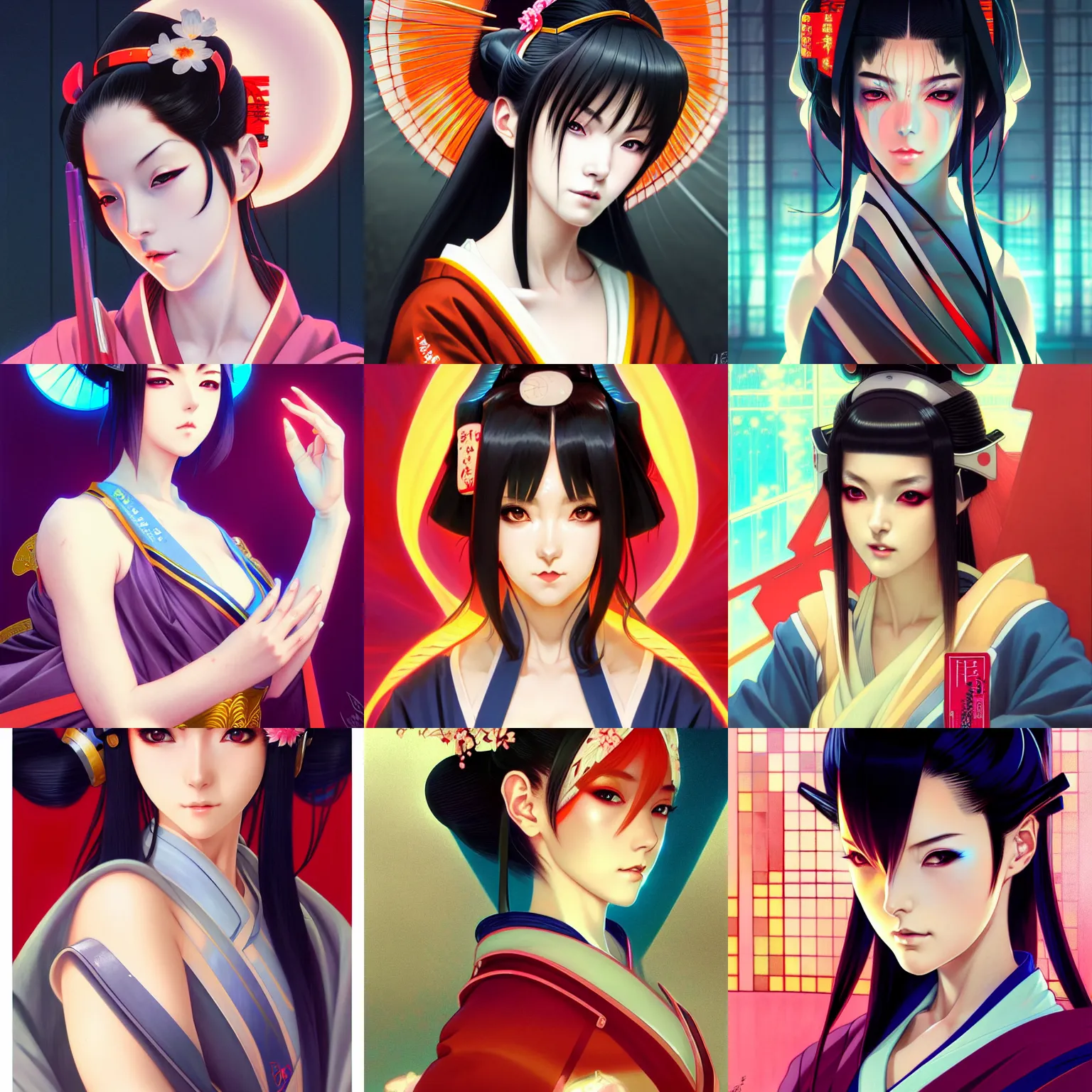 Prompt: symmetry!! beautiful anime girl cyberpunk geisha portrait, jarden background, wearing angular techno kimono, highly detailed, anime, dynamic lighting, digital art, digital painting, artstation, wlop, gil elvgren, sharp focus, illustration, art by artgerm and greg rutkowski and alphonse mucha, 8 k