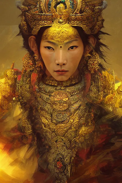 Image similar to Tibetan god, portrait, powerfull, intricate, elegant, volumetric lighting, scenery, digital painting, highly detailed, artstation, sharp focus, illustration, concept art, ruan jia, steve mccurry