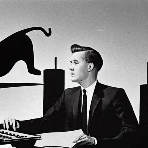 Image similar to 1 9 6 0's news broadcast, a man in vintage suit sitting at a silver desk while being stalked by a gigantic black panther