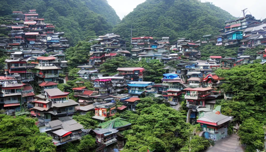 Image similar to A 1980s Japanese futuristic dream mountain town eco city themed like Jiufen, organic architecture, cable cars, chairlifts, flying cars, escalators, colorful