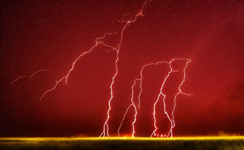 Prompt: red lightning bolts shoot from the ground, night, field, fire is visible on the horizon, high contrast, unsettling photo