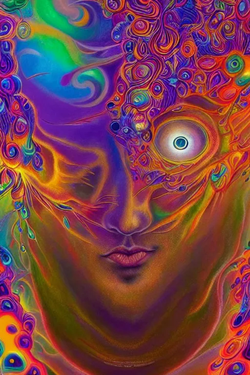 Image similar to hyperrealistic abstract close-up Renaissance psychedelic!! celestial happy! pure creature!! peaceful! kind spirit of nature! beautiful fractal!! eyes! highly detailed concept art eric zener elson peter cinematic hard rainbow lighting high angle hd 8k sharp shallow depth of field endless, inspired by Zdzisław Beksiński Salvador Dali