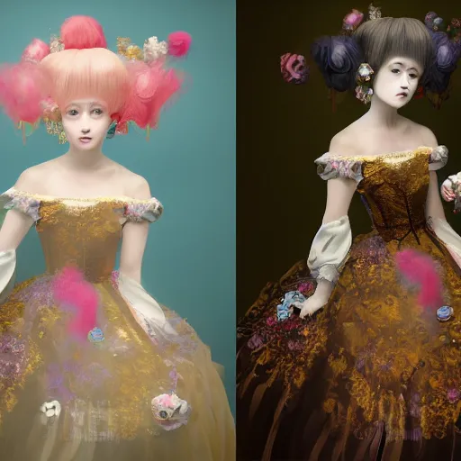 Prompt: 8 k, octane render, realism, tonalism, renaissance, rococo, baroque, portrait of a young - lady wearing long - harajuku manga - dress with flowers! and skulls, background chaotic gold leaf flowers, cotton candy!!