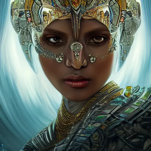 Prompt: HDR portrait photography of The Benevolent Cyborg Queen vertically mirrored above The Evil Cyborg King, ethnic, fantasy, intricate, elegant, highly detailed, African, Egyptian, Aztec, Mayan, digital painting, artstation, HDR photo, smooth, sharp focus, illustration, art by artgerm and greg rutkowski and alphonse mucha