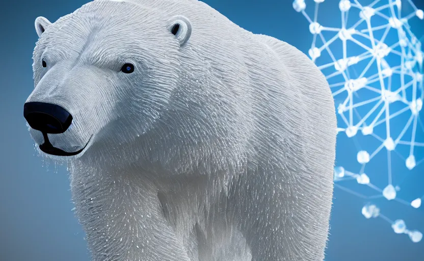 Image similar to polar bear as alow poly, kevlar, octa core, watercooled plates with crystal elements as a power source with an arctic-based, geometric backdrop; led, robotic, abstract, front profile shot, cycles render, 4k