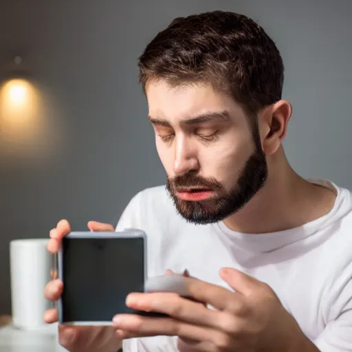 Prompt: a thoughtful wealthy young man sitting on a toilet drinking coffee and scrolling tiktok on his iphone, distant thoughtful look