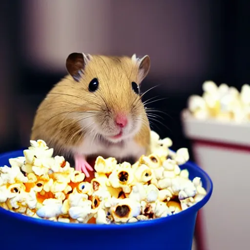 Image similar to a hamster sitting on top of a bucket of popcorn at the movie theater, close up, dslr photo