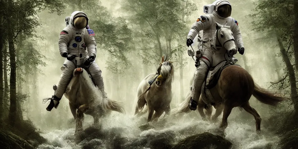 Image similar to an astronaut riding on the back of a white horse through a forest, crossing a river, a detailed matte painting by frieke janssens, featured on cgsociety, fantasy art, matte painting, reimagined by industrial light and magic, matte drawing