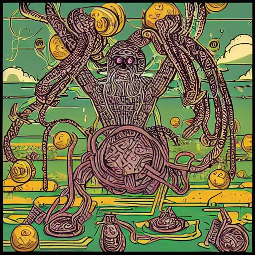 Image similar to the god of the church of the flying spaghetti monster, isometric, by dan mumford