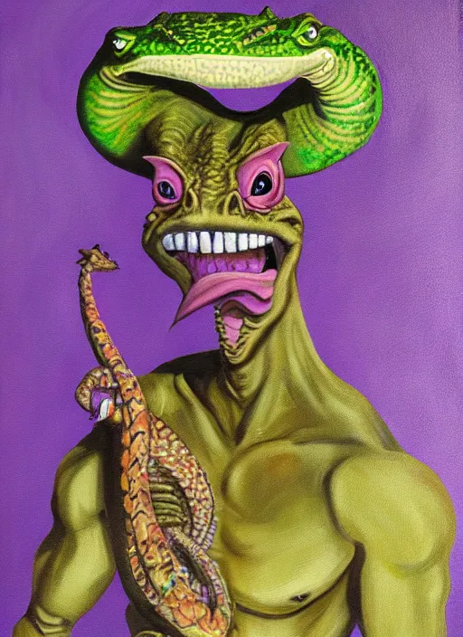 Image similar to oil painting portrait of a cowboy lizard person, a gorn from star trek, a snake oil salesman wearing a blonde wig in a movie poster for a movie called gorn on the bull horn girl, purple green color scheme