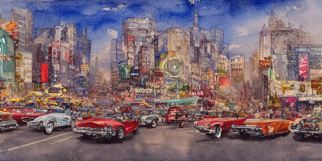 Prompt: a hiper intricate watercolor of a beautifull low angle wide shot, street scene, retro futuristic vintage shiny polished traffic mainly cars and motorcycles, extremely detailed, sharp focus, wide view, smooth, digital illustration, colorfull, by william turner art, by greg rutowski, by carl larson, by edmund dulac