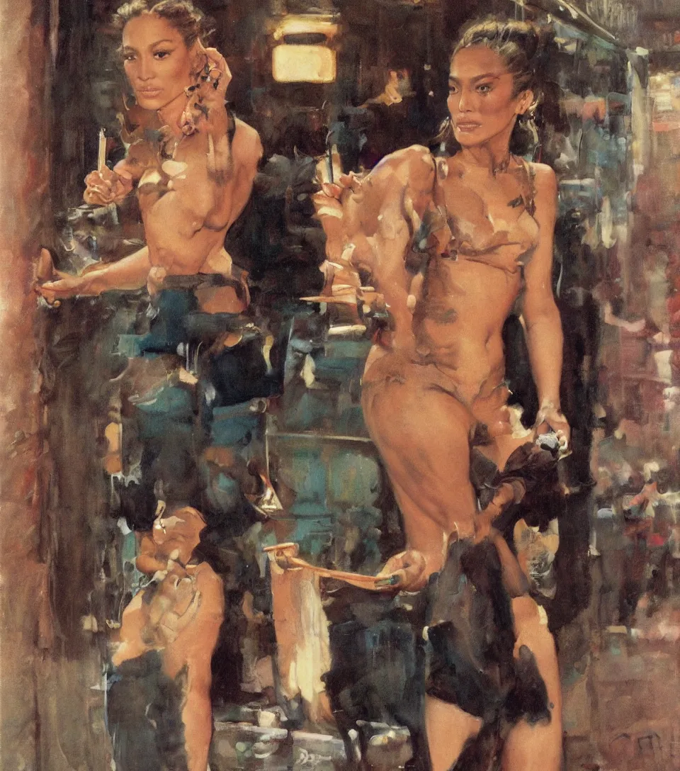 Prompt: standing portrait of ecstatic jlo looking into the camera standing smoking a cigarette, summer, warm street lights store front, 1 9 6 0 s technicolor, intricate, moody, personal, highly detailed, short focus depth, donato giancola, joseph christian leyendecker, frank frazetta, alex horley, ralph horsley, michael whelan, 2 0 0 mm focal length