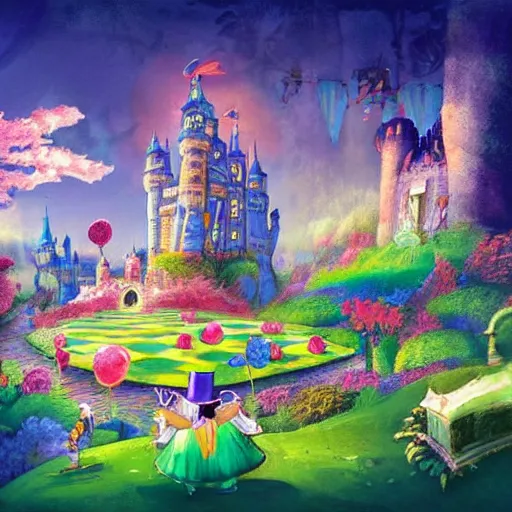 Image similar to A scene from Alice in Wonderland, with the Mad Hatter's tea party in the foreground and the castle in the background. The colors are very bright and whimsical, and the composition is very busy. This is an illustration, done in a traditional animation style with a focus on color and movement. The artist is Craig Mullins, and the artwork is called Mad Tea Party