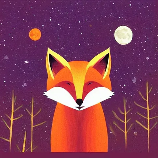 Prompt: “a fox sitting in the woods, looking up at the night sky. The moon shines brightly. digital art, painting”