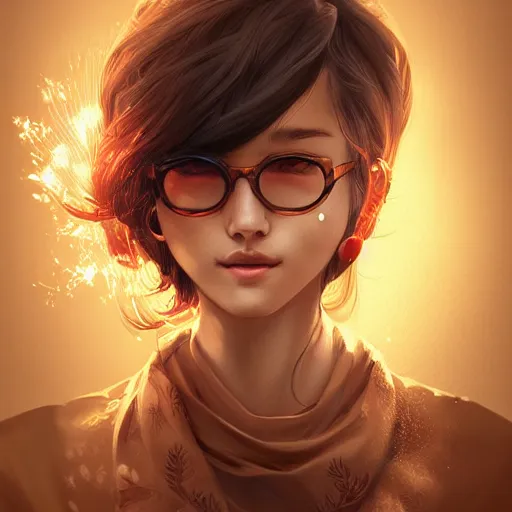 Image similar to Libromancer Fireburst, heroine, beautiful, playful smile, detailed portrait, intricate complexity, in the style of Artgerm, Kazuki Tanahashi, and WLOP, quixel megascan