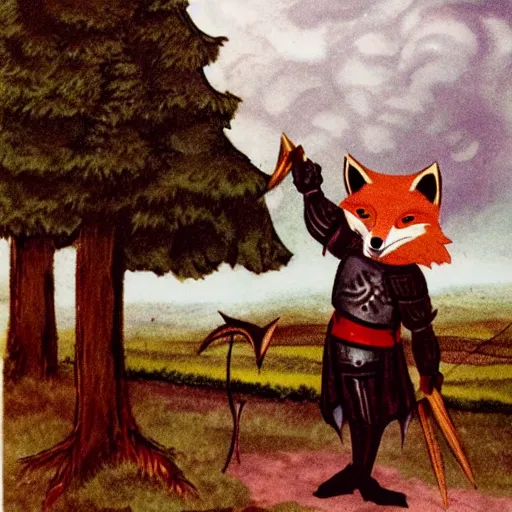 Prompt: anthropomorphic fox!! who is a medieval knight holding a swo - rd tow - ards a stormy thundercloud [ 1 9 3 0 s film still ], ( castle in the background )