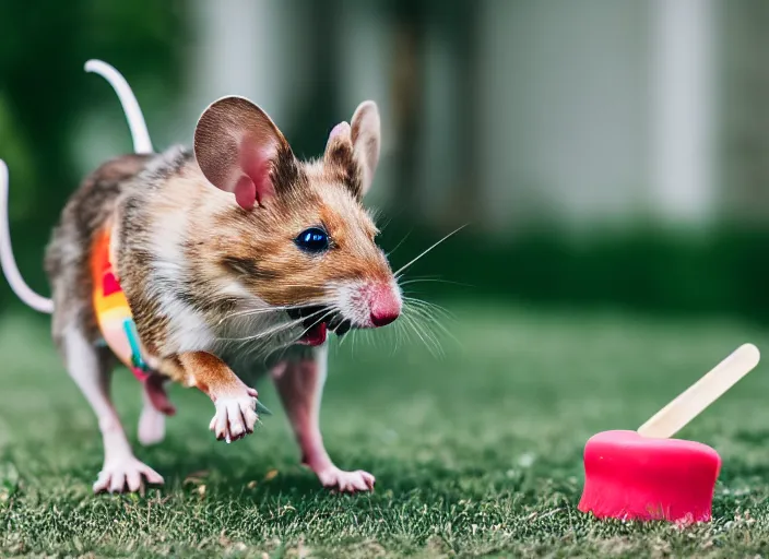 Prompt: photo still of a dog chasing a mouse while eating a popsicle, 8 k, 8 5 mm f 1. 8