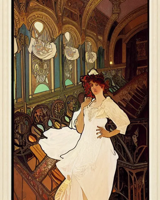 Image similar to painting alphonse mucha, interior of the opera house, view from the hall with a singer in a white dress on a lighted stage with an orchestra and audience in the hall, soft cinematic lighting, pastel color palette