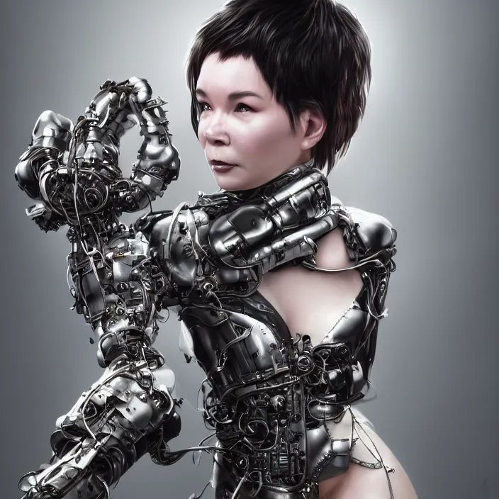 Image similar to hyper - realistic bjork leather cyborg - by tom bagshaw, by ilya kuvshinov, rtx rendering, octane render 1 2 8 k, maya, extreme high intricate details by wlop, digital anime art by ross tran, medium shot, close up shot, composition by sana takeda, dramatic lighting by greg rutkowski, 8 k, trending on artstation