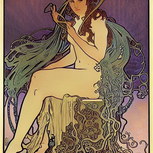 Image similar to lovecraftian protagonist by alphonse mucha