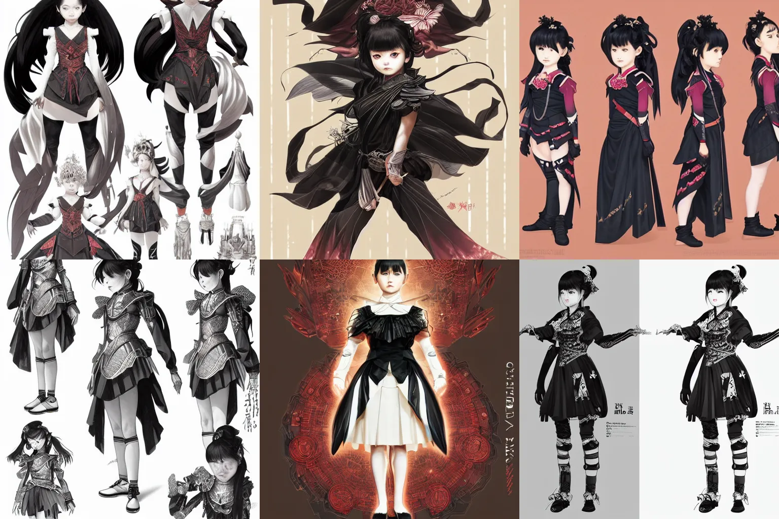 Image similar to full body character sheet of Yui Mizuno from Babymetal, intricate, elegant, highly detailed, digital painting, artstation, character concept art, smooth, sharp focus, illustration, art by artgerm and greg rutkowski and alphonse mucha