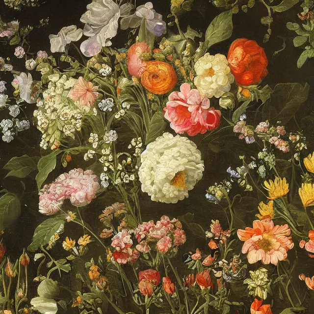 Image similar to a painting of flowers in a garden at night, a flemish baroque by jan van kessel the younger, intricate high detail masterpiece