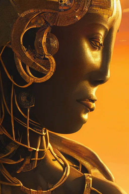 Prompt: close up portrait of an african robot, dramatic rim lighting, golden hour, autochrome, high contrast, highly detailed, sharp focus, digital painting, concept art, illustration, trending on cgsociety, art by greg rutkowski and greg hildebrandt and thu berchs jung park, composition by alphonse mucha, lighting by steven stahlberg,