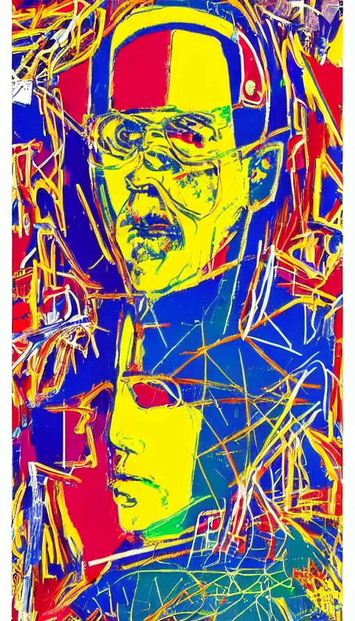 Prompt: a cyberpunk portrait of buckmeister fuller by peter max, by jean - michel basquiat by hayao miyazaki, highly detailed, sacred geometry, mathematics, snake, geometry, cyberpunk, vibrant, water
