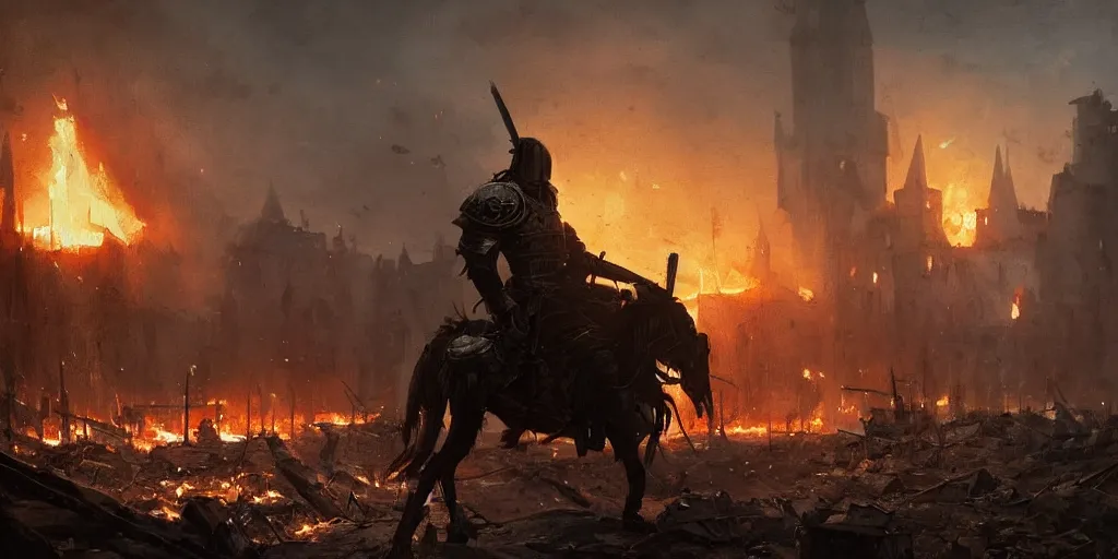 Image similar to a painting of a cinematic keyframe of a medieval knight warrior with his sword walking into a destroyed medieval town, with fire by greg rutkowski, dark fantasy art, high detail, trending on artstation