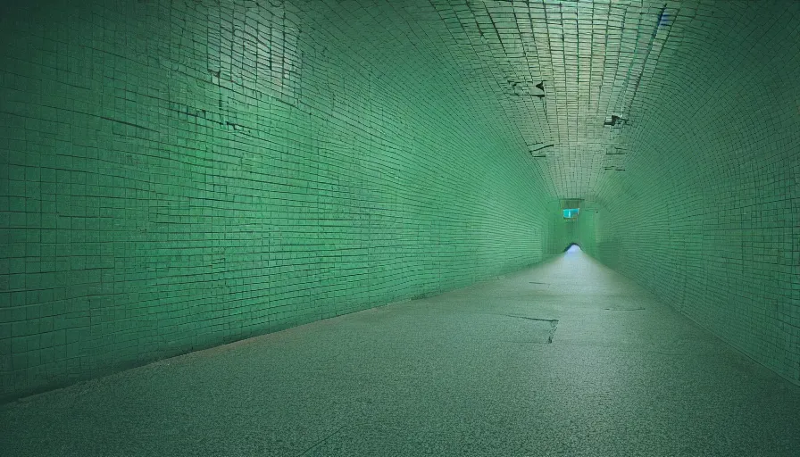 Prompt: 60s movie still of an empty tunnel with green tiles floor, cinestill 800t 50mm eastmancolor, liminal Space style, heavy grain