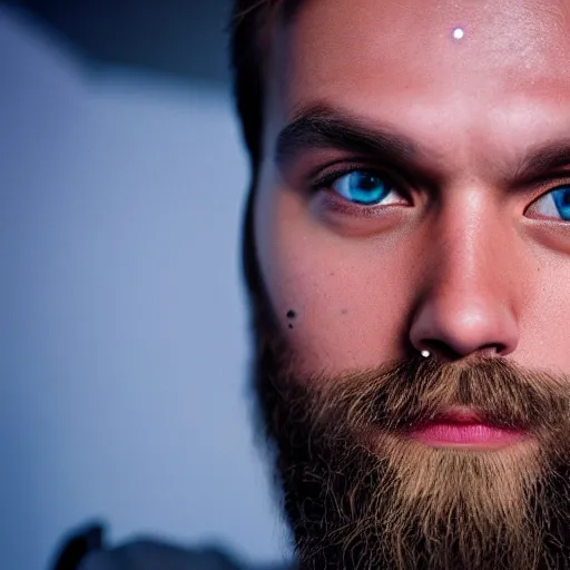 Image similar to Portrait of PewDiePie, splash art, movie still, cinematic lighting, dramatic, octane render, long lens, shallow depth of field, bokeh, anamorphic lens flare, 8k, hyper detailed, 35mm film grain