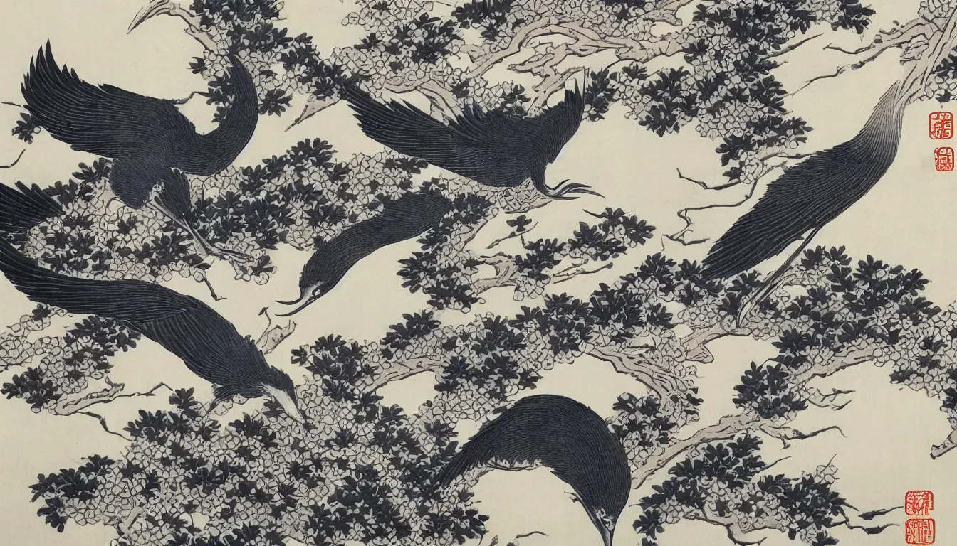 Prompt: traditional chinese ink of japanese crane by hokusai, ultra detailed