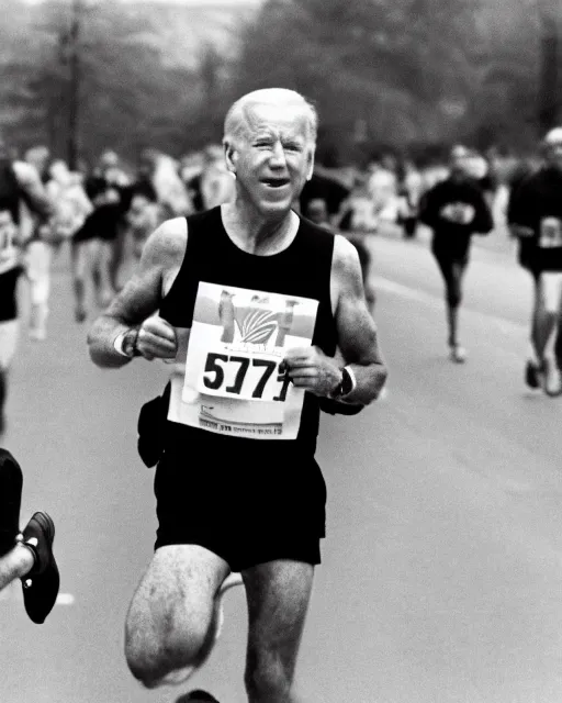 Image similar to film still close - up shot of joe biden running a marathon. photographic, photography