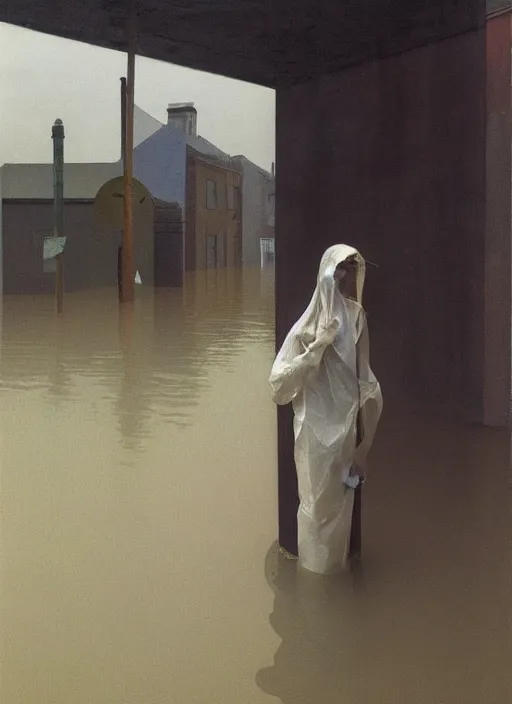 Prompt: woman dressed in transparent plastic bags, paper bags in hands and over the head, on flooded street Edward Hopper and James Gilleard, Zdzislaw Beksinski, highly detailed