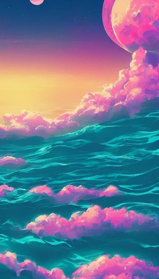 Image similar to Beautiful vaporwave ocean horizon, there is an alien planet in the distance over the horizon, viewed from the beach, digital art, trending on artstation, iphone wallpaper