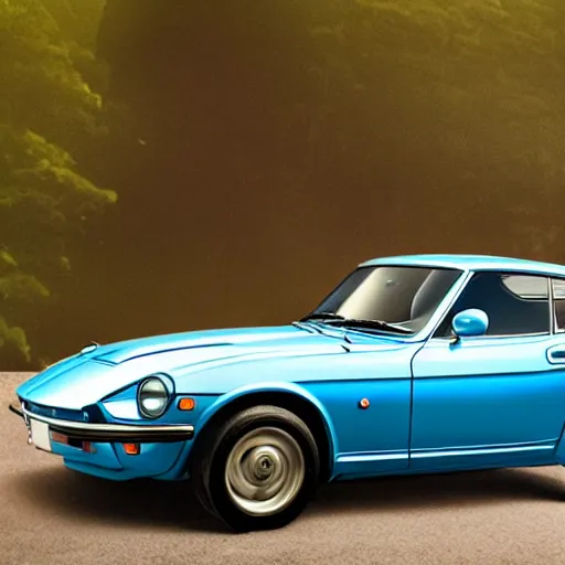 Image similar to a photorealistic image of a blue 1975 Datsun 260Z