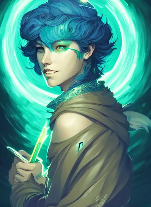 Image similar to style artgerm, joshua middleton, illustration, john krasinski as druid wearing green pelt light armor, anime eyes, blue hair, swirling water cosmos, fantasy, dnd, cinematic lighting