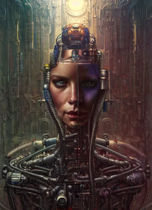 Image similar to portrait of a cyborg, hyper detailed masterpiece, dystopian background, jean giraud, digital art painting, darkwave goth aesthetic, lovecraftian, artgerm, donato giancola and tom bagshaw