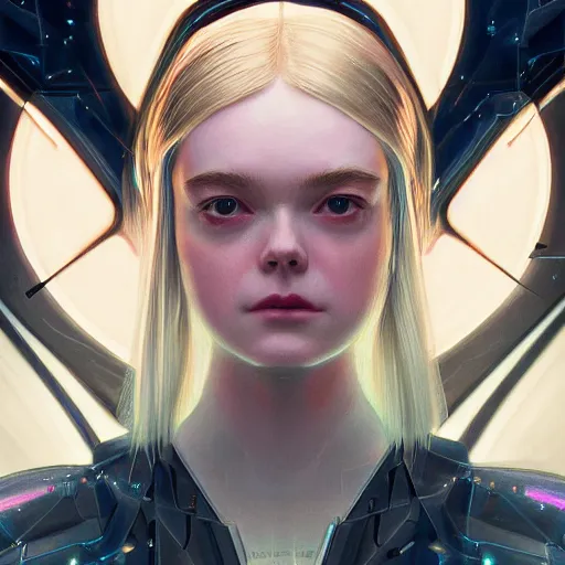 Image similar to symmetry!! portrait of elle fanning sci - fi, tech wear, glowing lights!! intricate, elegant, highly detailed, digital painting, artstation, concept art, smooth, sharp focus, illustration, art by artgerm and greg rutkowski and alphonse mucha