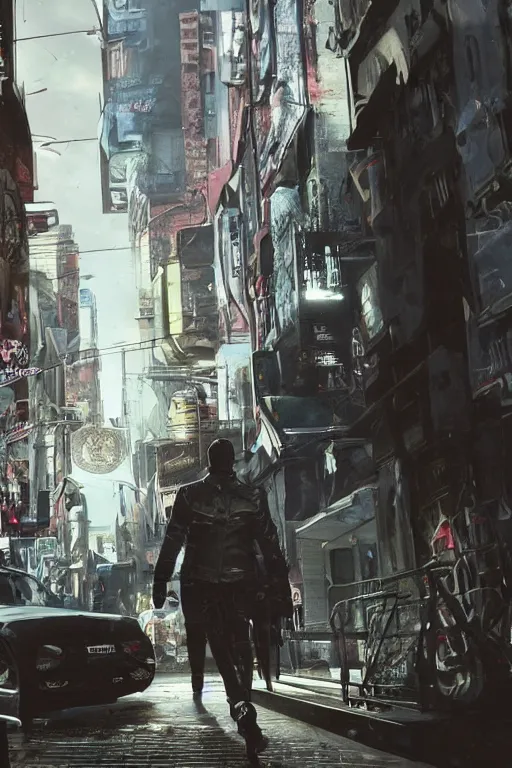 Image similar to in the foreground a Parisian street, in the background a dark-haired man from behind wearing a long matrix style jacket and starting to fly away, realistic, high definition, great detail, dramatic scene, detailed and realistic hands, symmetrical face, realistic eyes, cyberpunk art 2077