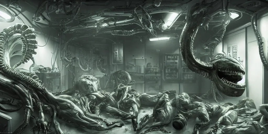 Image similar to Biolevel 4 Xenomorph experiment gone wrong in Weyland Yutani bio labs, by Chris Tulloch McCabe, realistic, detailed, trending on artstation, wallpaper, wide angle, 16mm