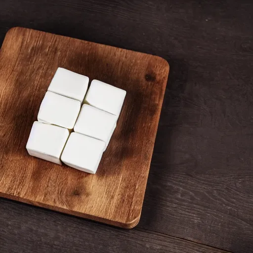 Image similar to photograph of a marshmallow cube on a dark wooden chopping board, hessian, styled food photography, photorealistic, 4 k