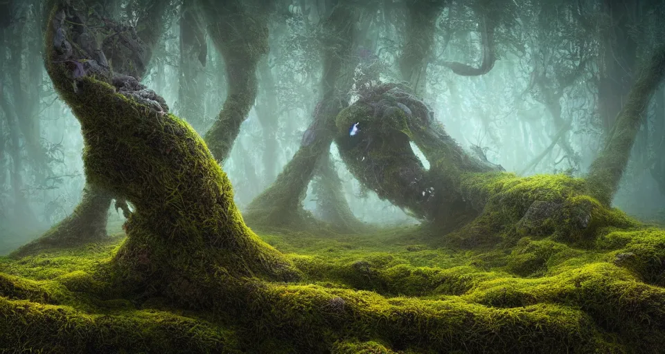 Image similar to a beautiful macro photography of moss with alien fungus, hyperdetailed, warm volumetric lights, made by gerald brom and mike winkelmann