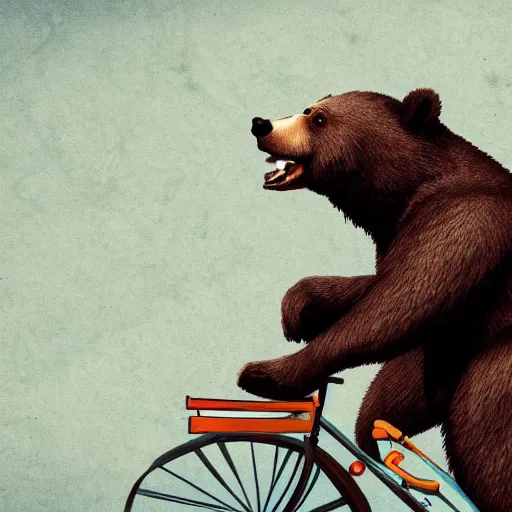 Image similar to a bear riding a bicycle and smoking cigars, digital art, artstation, 4 k