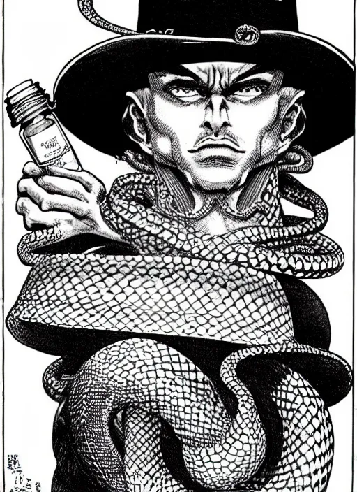 Image similar to portrait of a snake oil salesman wearing a snake suit and wide brimmed hat offering you a bottle of serum formula, art by Kentaro Miura, it idn't greasy